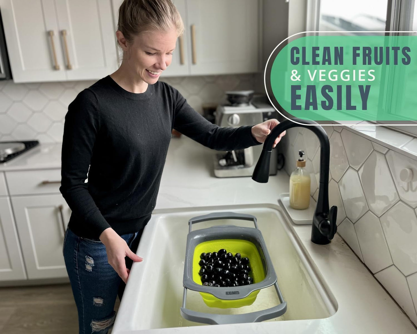 XL Large Kitchen Strainer by Comfify - Collapsible Silicone Over-The-Sink Colander with Extendable Handles - Use with Pasta, Fruit, Berries & Veggie - 6 Quart - Green