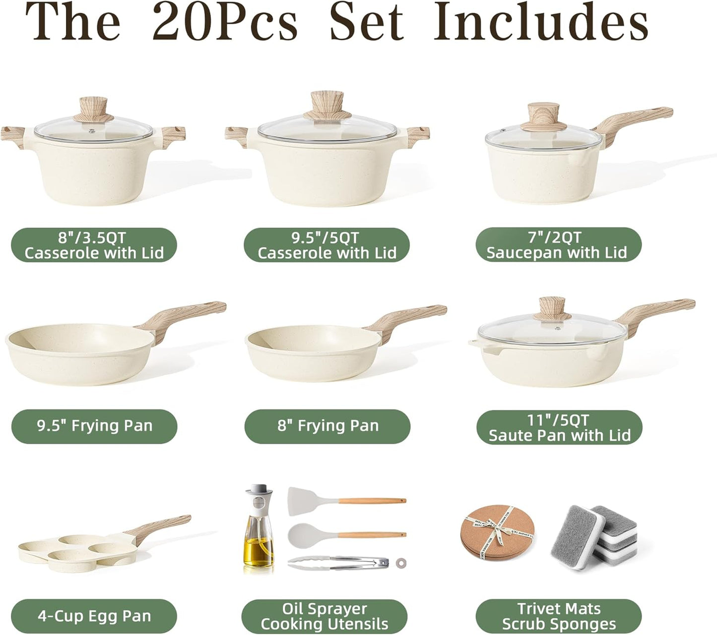 Caannasweis 20Pcs Cookware Sets, Nonstick Pots and Pans Set, Granite Induction Cookware, Non Stick Kitchen Cooking Set, Cream White Egg Pan Set, PFOS PFOA Free
