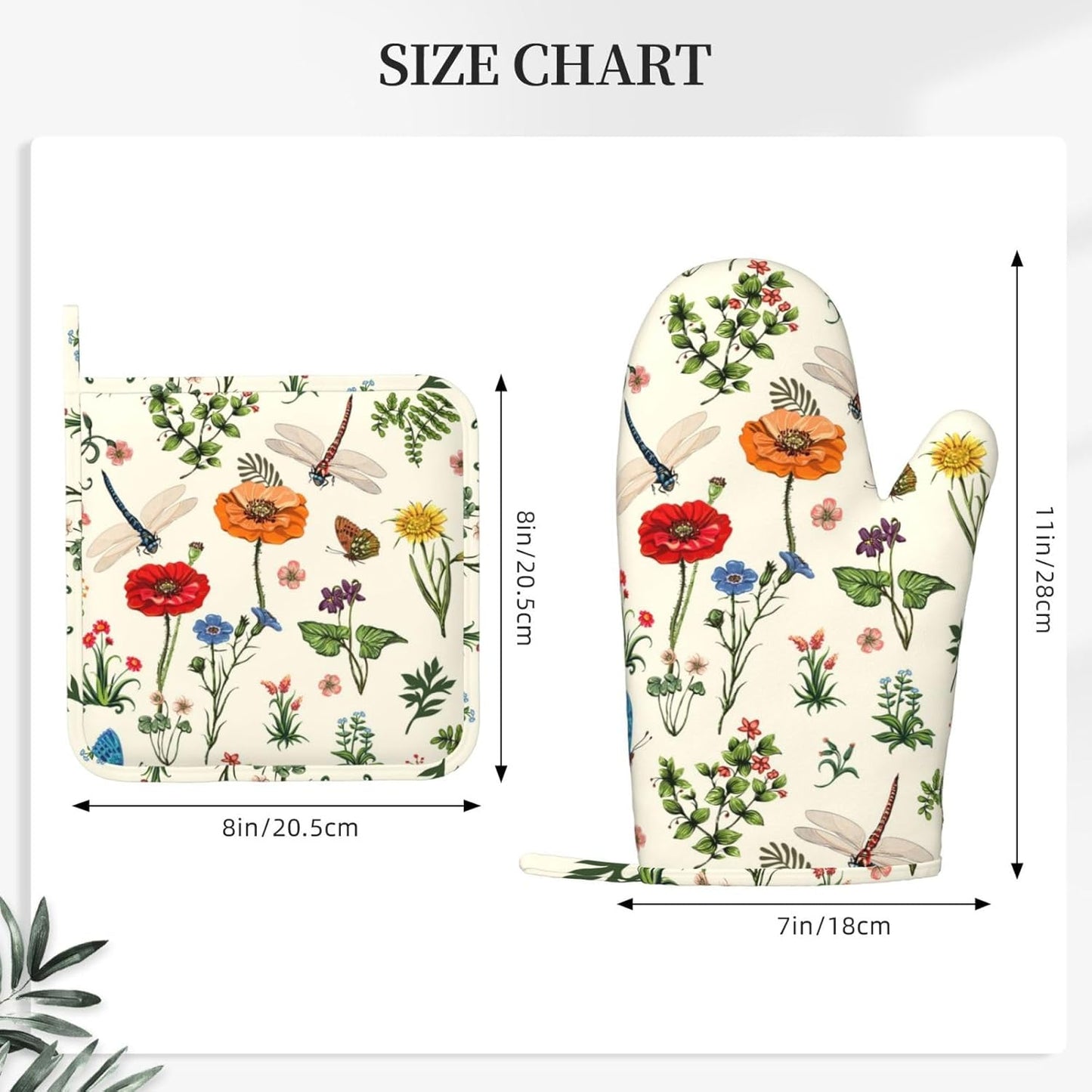 Vintage Floral Dragonfly Oven Mitts and Pot Holders 4 pcs Set Silicone Kitchen Spring Butterfly Leaves Oven Mitt Gloves Pot Holders Non-Slip Heat Resistant Cooking Mitts Set for Kitchen Baking