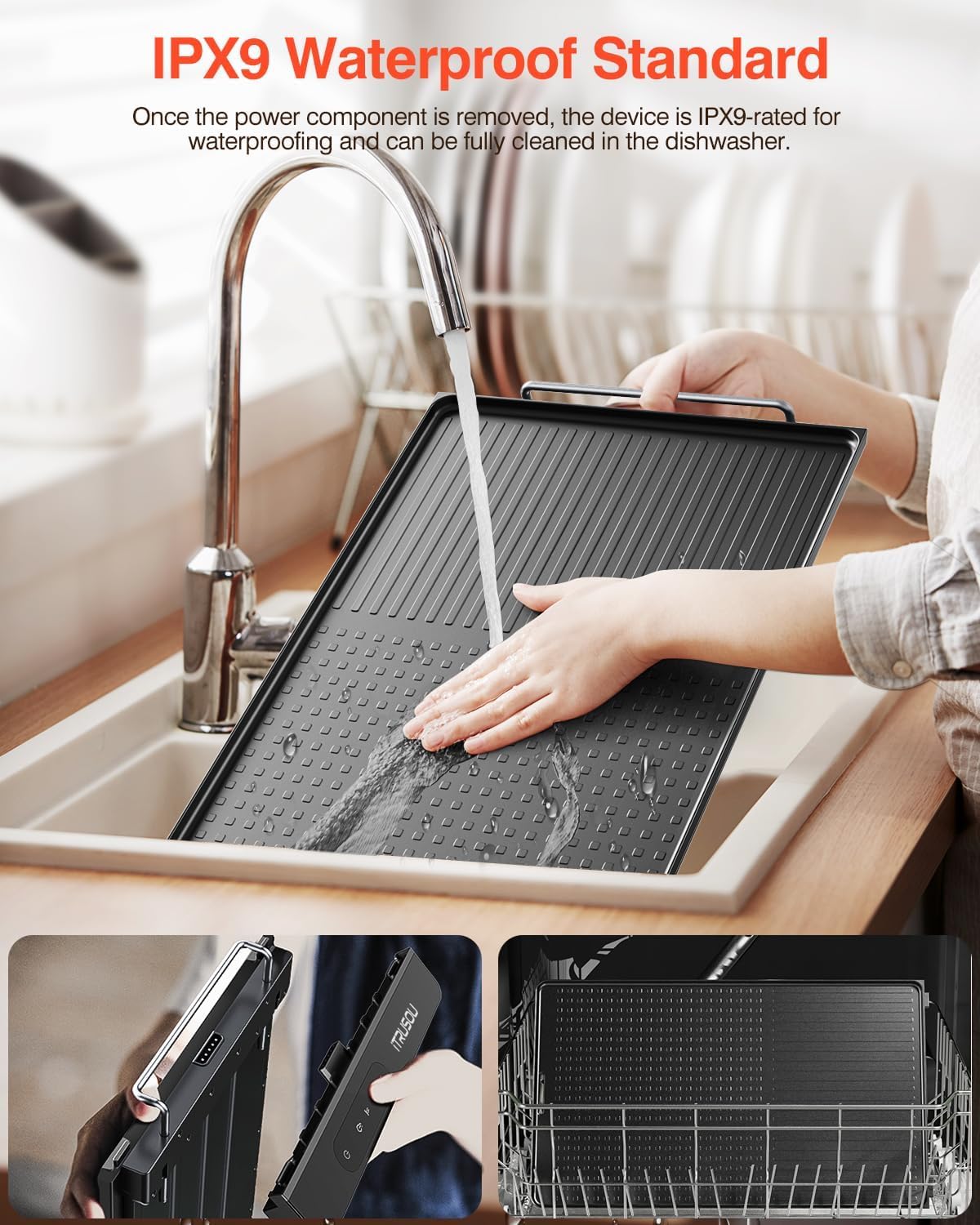 Electric Griddle with Removable Touch Panel, IPX9 Waterproof, Dishwasher-Safe, 1300W Fast Heating in 10S, 18x10" Die-Cast Nonstick Plate, Foldable Design for Family Use (4–8 People)