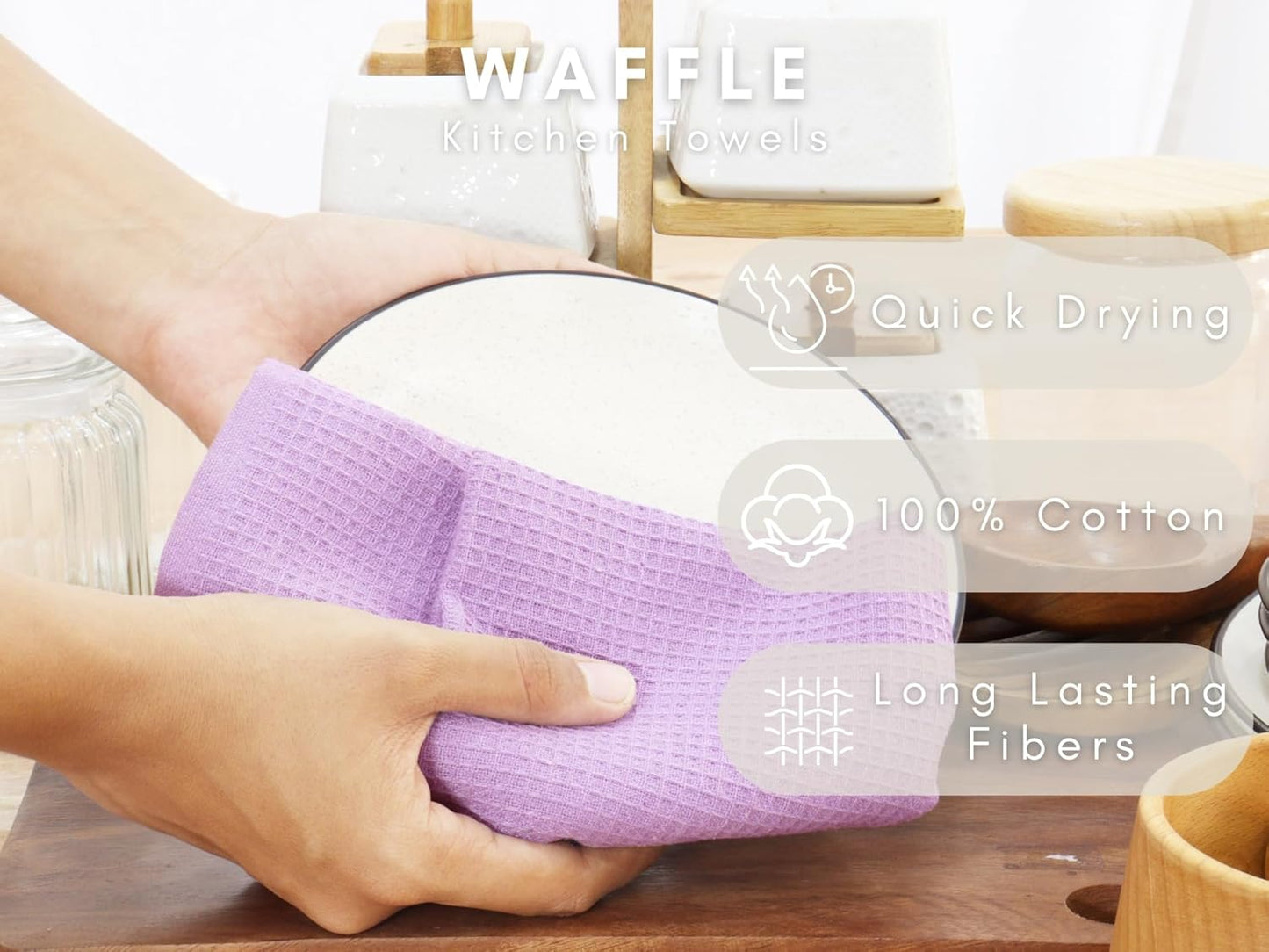 PurpleEssences Waffle Weave Kitchen Towel, 100% Cotton - 15 x 25 Inches, with Hanging Loop Ultra Soft Absorbent Quick Drying Dish Cloth, Tea and Hand Towels, 6 Pack - Spring Summer - Lavender