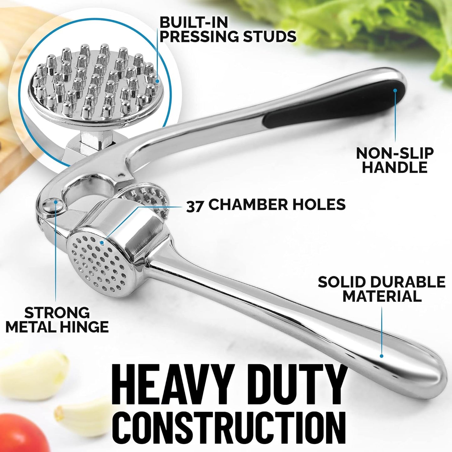 Zulay Kitchen Premium Garlic Press Set - Rust Proof & Dishwasher Safe Professional Garlic Mincer Tool - Easy-Squeeze, Easy-Clean with Soft, Ergonomic Handle - Silicone Garlic Peeler & Brush (Chrome)