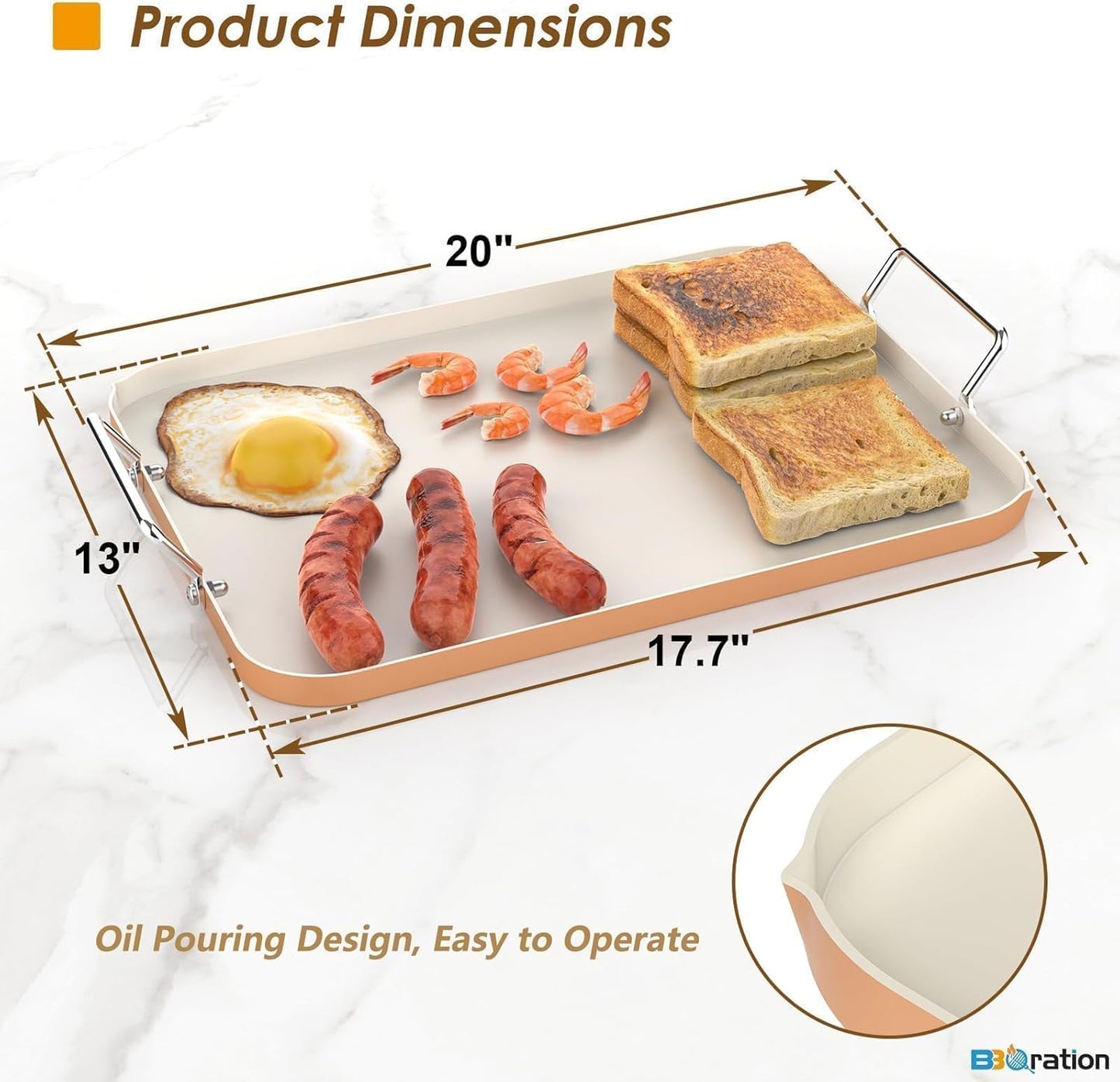 17.7" x 13" Burner Griddle Pan for Stove Top Oven, Stainless Steel Handles, Non Stick Ceramic Griddle Pan Griddle Skillet, PTFE Free PFOA Free