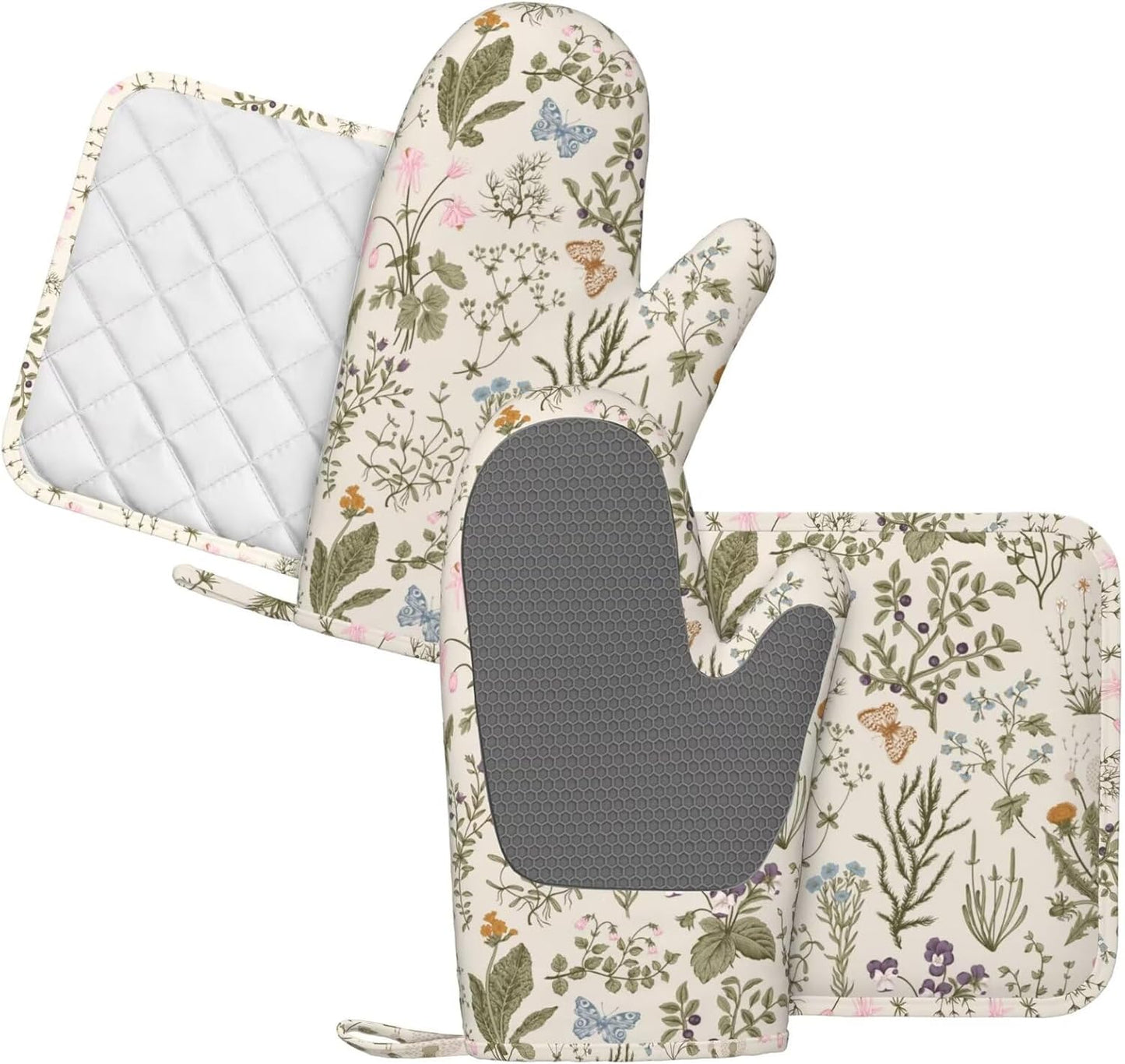 Vintage Wildflower Herbs Floral Rustic Butterfly Oven Mitts and Pot Holders Sets Silicone Kitchen Mitts Potholders Heat Resistant 4Pcs Oven Gloves Hot Pads for Kitchen Baking Cooking