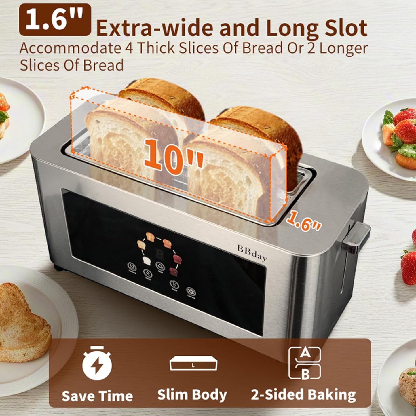 Touch Screen Smart Toaster 4 Slice, LCD Display, 1.6" Long Slot Toaster with 6 Shade Settings, Defrost, Reheat & Removable Tray, Wide Slot for Long Bread, Bagels, Waffles, 1300W, Stainless Steel