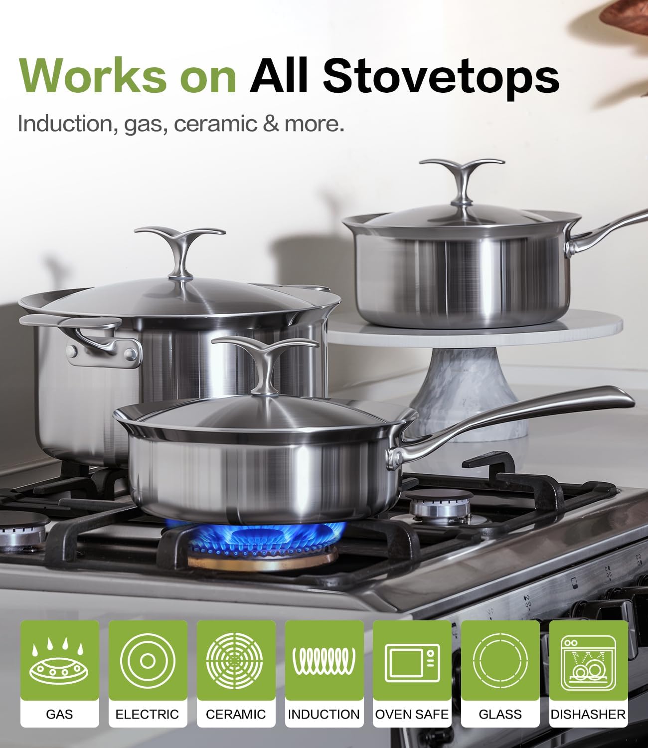 Stainless Steel Ceramic Cookware Set 6Pcs Pots and Pans Set Non Stick Steam-Return Lids 5 Ply Induction Non-Toxic Oven Safe Professional Kitchen Cooking Heavy Chef Quality | PFOA,PTFE & PFOS Free