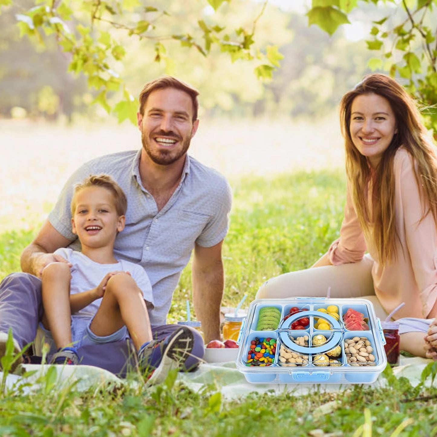 Divided Serving Tray with Lid and Handle,8 Compartments Snacks Box,Snack Fruit Veggie Tray,Portable Platter for Candy Fruits Nuts Snack Party Entertaining Picnic (2PCS Blue)