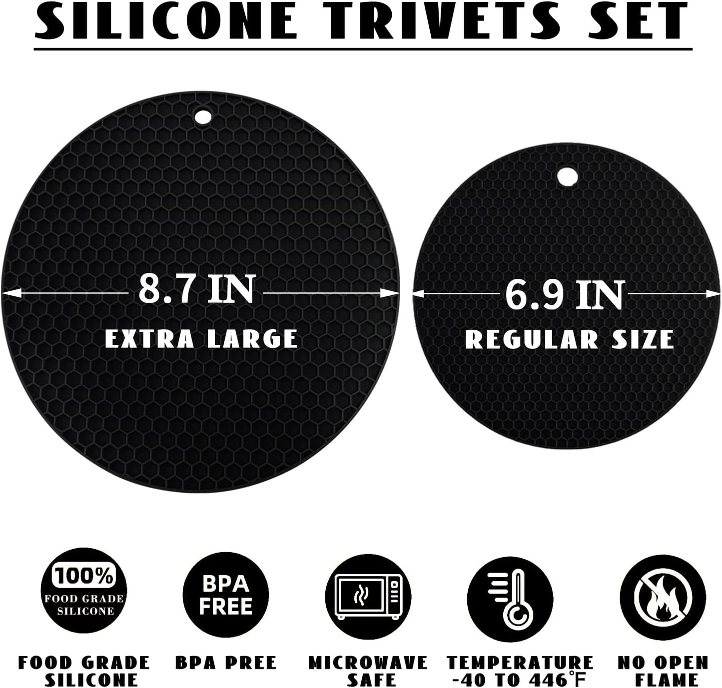 4 Pack Silicone Trivet Mats, 7 Inch & 9 Inch Flexible Heat Resistant Silicone Hot Pads Pot Holders for Kitchen Counter, Round Trivets for Hot Dishes - Potholders Jar Opener(Black)