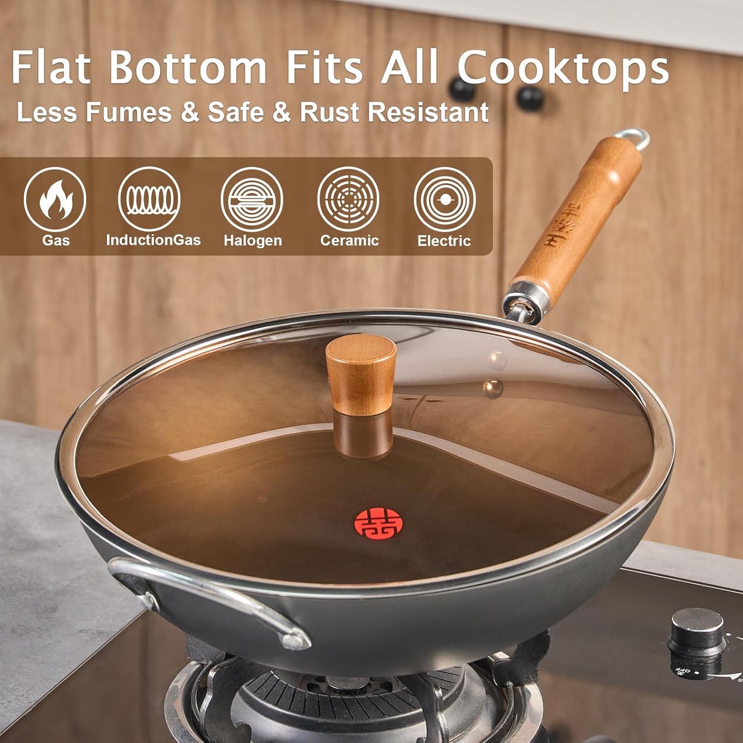 WANGYUANJI Iron Wok,12.59 inch Woks for Stir-fry, Chinese Stir Fry Pan Uncoated, Traditional Flat Bottom Iron Pot for Induction, Electric, Gas, Suitable for All Stoves(Pure Iron Wok)