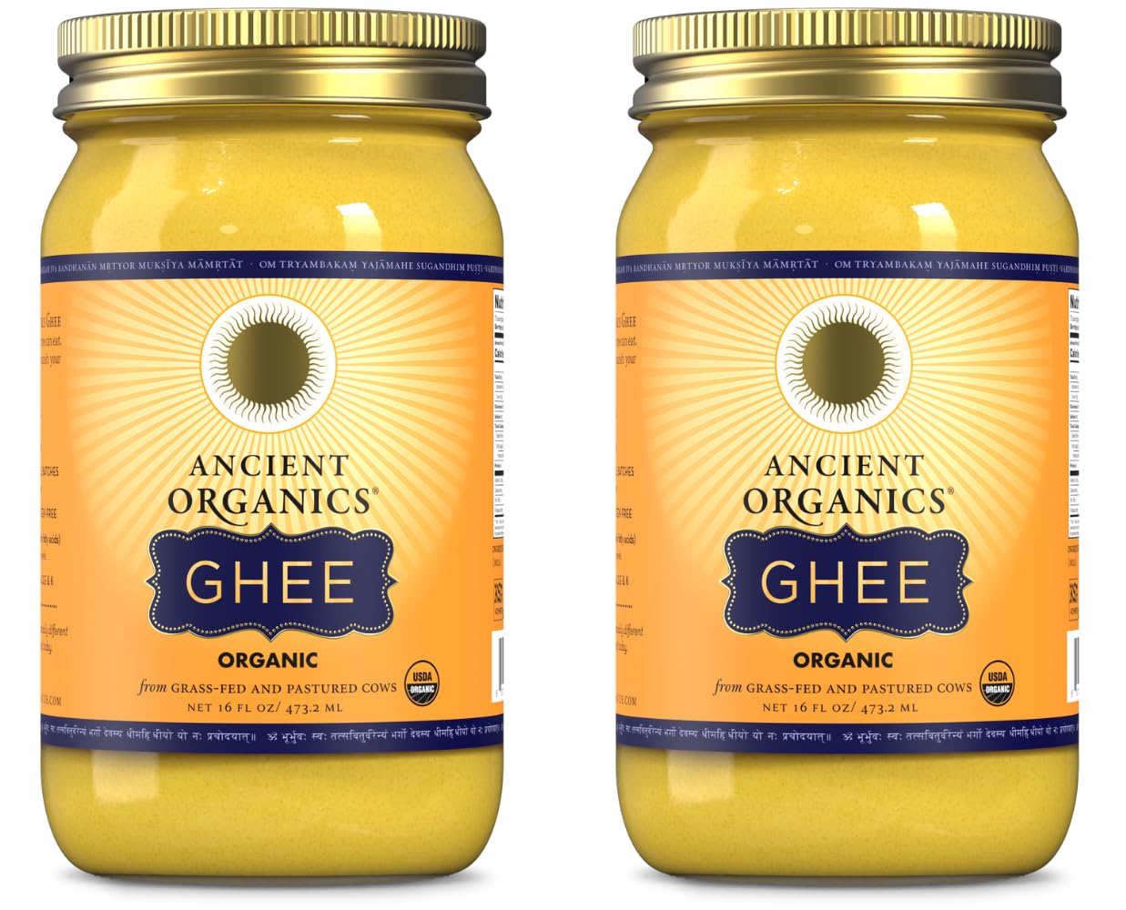 Ancient Organics Ghee, Organic Grass Fed Gluten Free Clarified Ghee Butter with Vitamins & Omegas, Lactose Free, 100% Certified Organic, Kosher, USDA Certified, Made in USA - 16 Fl Oz (Pack of 2)