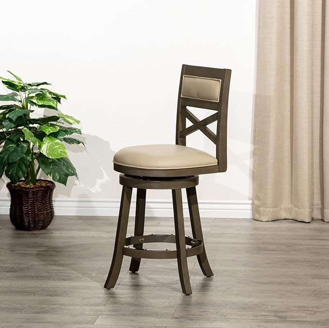 DTY Indoor Living Meeker X Back Fabric Swivel Stool, 30” Bar Height, Weathered Grey Finish, French Gray Leather Seat