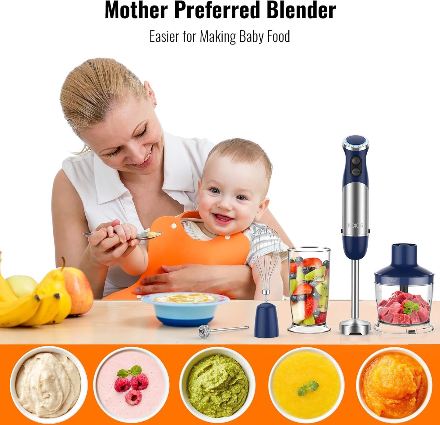 KOIOS 5-in-1 Hand Immersion Blender, 12 Speed Adjustable Emulsifier Handheld Blender, 1000W Copper Motor Stainless Steel Blade Hand Mixer with attachments, Blue