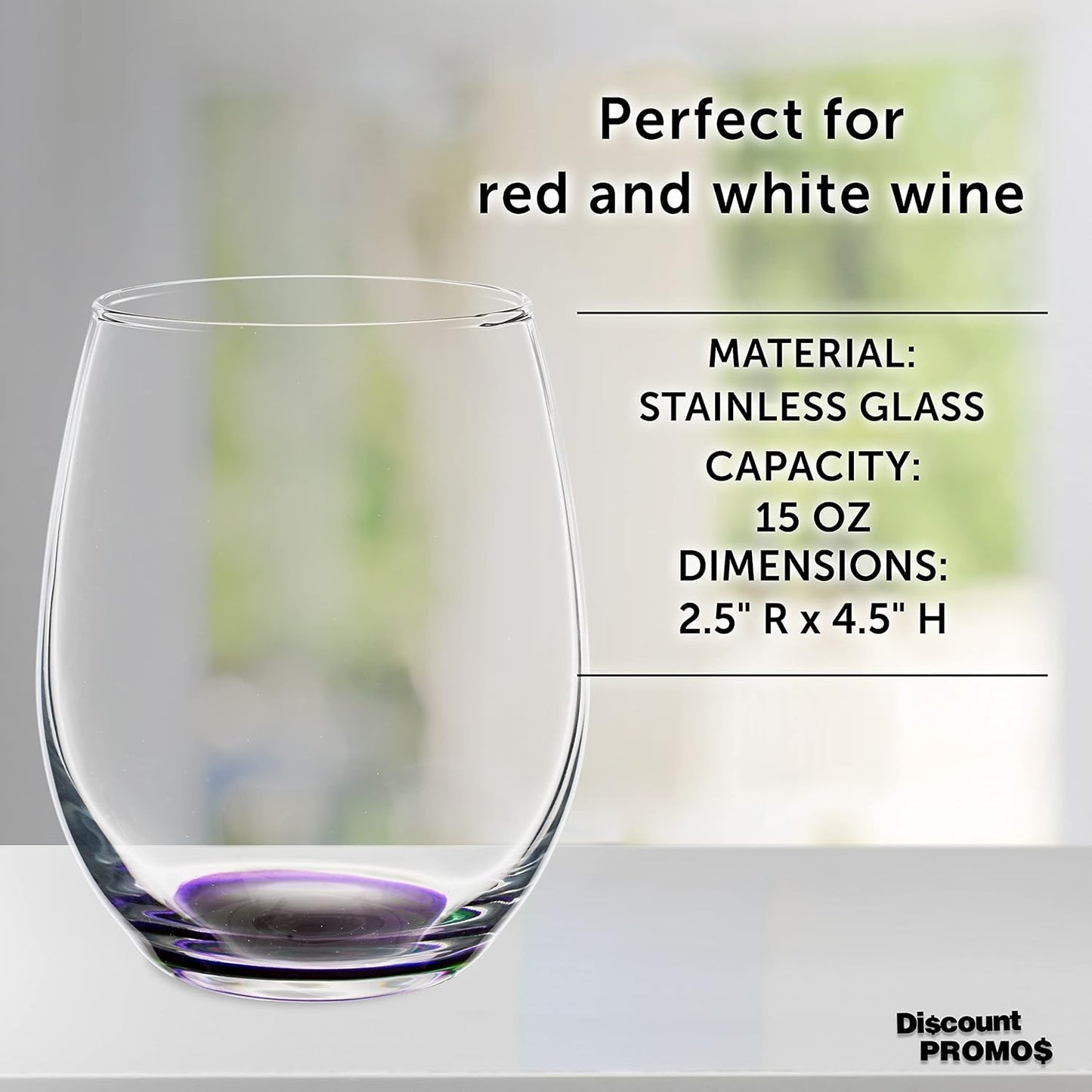 DISCOUNT PROMOS Stemless Wine Glasses in Bulk by ARC Perfection, 15 oz, 10 Pack, Purple or White Wine Glass Set, Purple