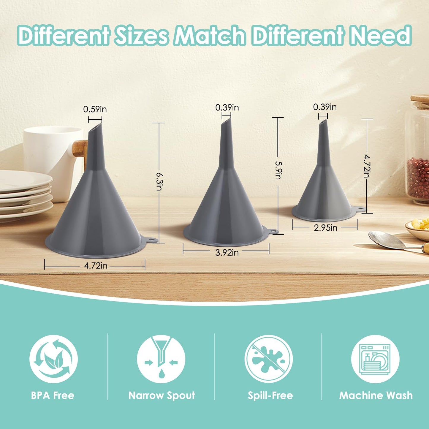 Plastic Kitchen Funnel Set of 3, Durable Round Food Grade Cooking Funnels for Kitchen Use Filling Bottles, Multifunctional Small Medium and Large Sizes for Canning, Lab or Car Oil Use