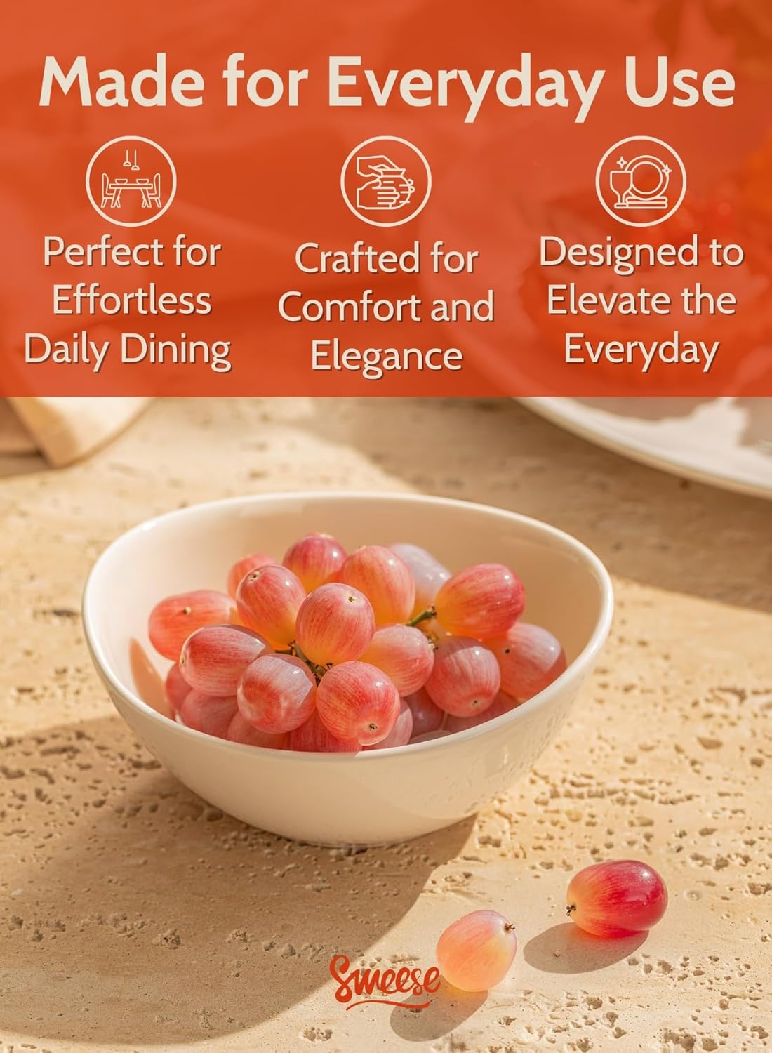 Sweese Porcelain Bowls Set - 6 Pack, 5 Inch, 10 oz for Desserts, Soup, Rice, Microwave Dishwasher Safe, White