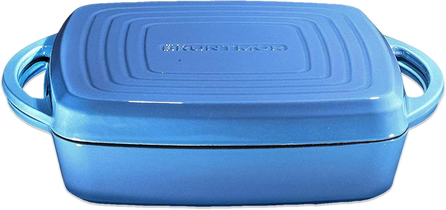 Bruntmor 2-in-1 Pre-Seasoned Square Cast Iron Dutch Oven with Dual Handles, Non Stick Pan with Grill, All-in-One Cookware Set, Cast Iron Casserole Dish with Lid for Braising Dishes,Whale Blue