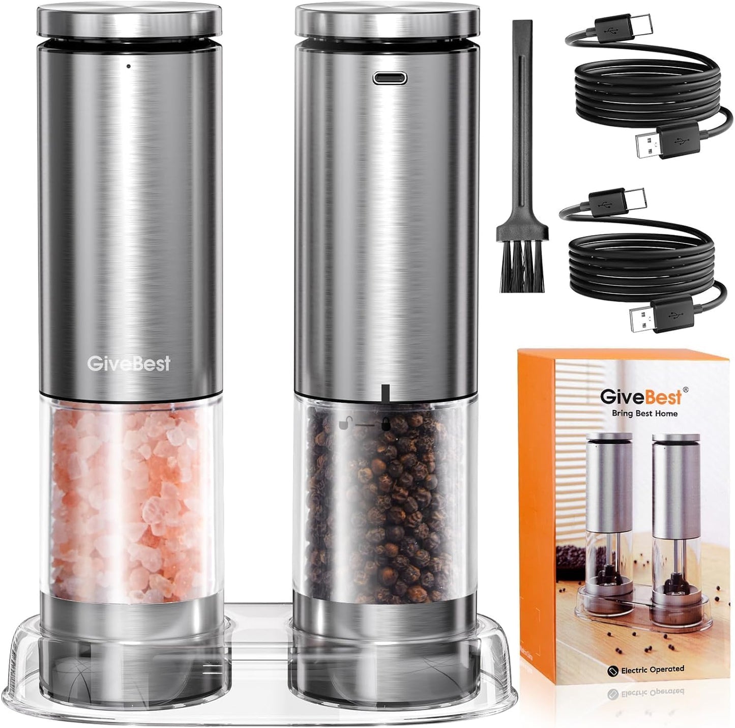GiveBest Electric Salt and Pepper Grinder Set – Rechargeable Stainless Steel Mills, 100 ml Automatic Shakers Set with 6-Level Adjustable Coarseness and Light, Upgraded Larger Capacity