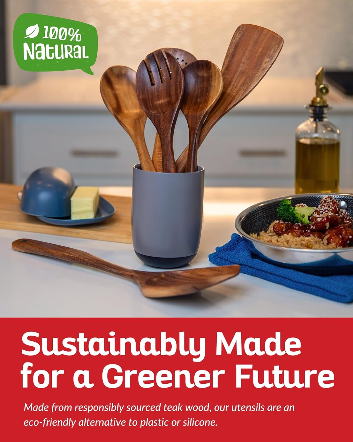 Boxiki Kitchen Luxury Teak Wood Utensil Set - Elegant 6-Piece Cooking Ensemble Including Spoons, Server, Scraper & Spatula - Expertly Crafted for Culinary Excellence