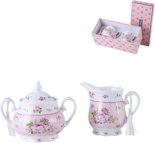 London Boutique Porcelain Teapot Sugar Bowl and Cream Milk Jug Shabby Chic Vintage Floral in Gift box 40oz (Cream & Sugar Set Rose Pink)