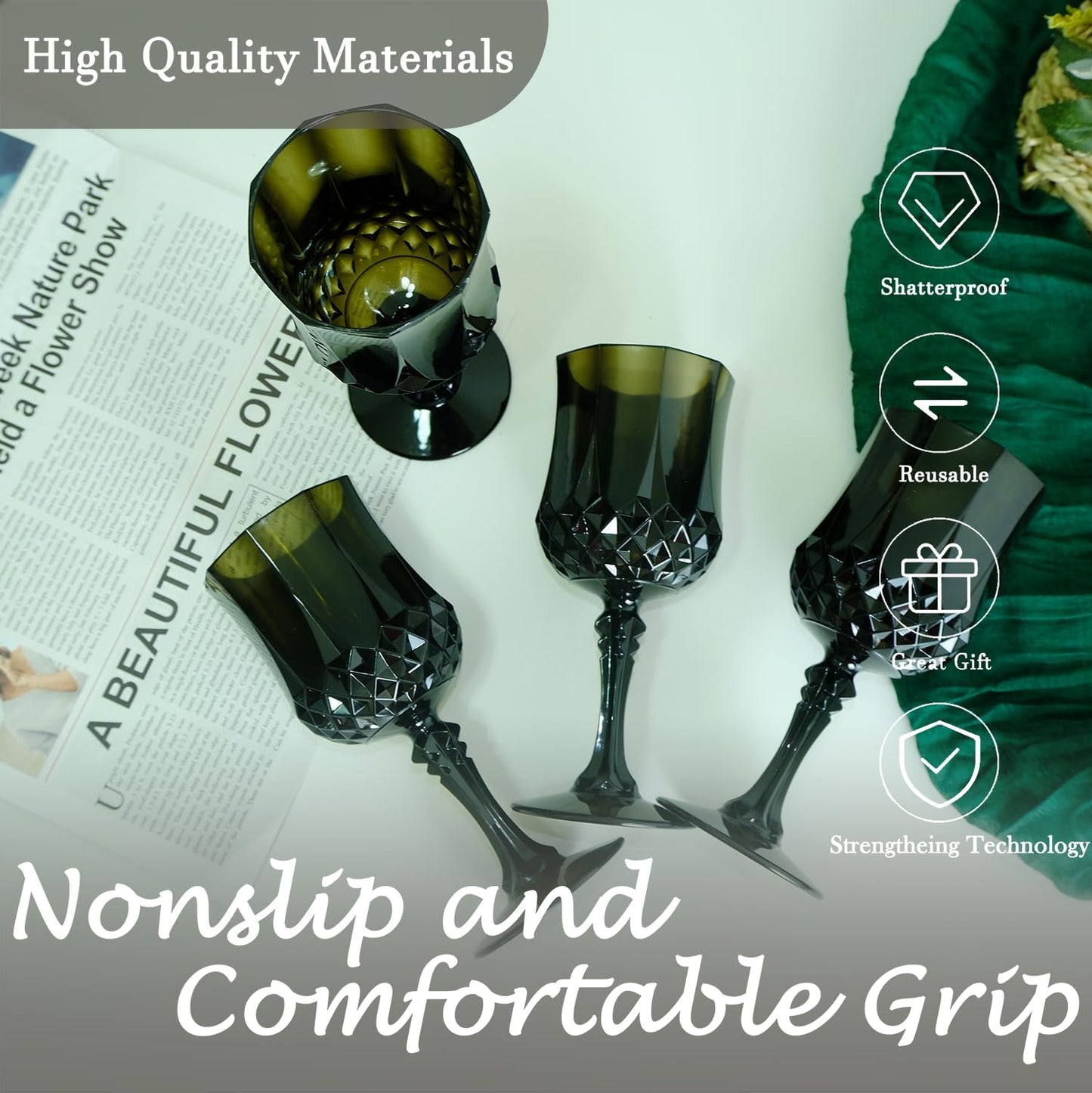 Plastic Wine Glasses，Plastic Goblets Vintage Style Cordial Drinking Glasses for Wedding Reception, Grand Event Party Supplies (12, Black)