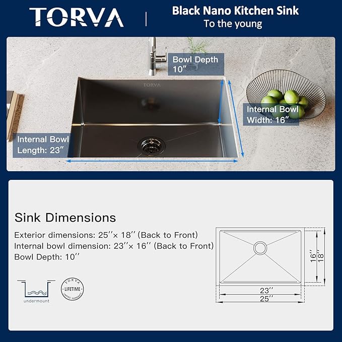 TORVA 25 x 18 Inch Gloss Black Ceramic Coating with NanoTek Undermount Kitchen Sink, PVD Coated Gunmetal Sink,16 Gauge Stainless Steel Wet Bar or Prep Sinks Single Bowl, Dark Gray