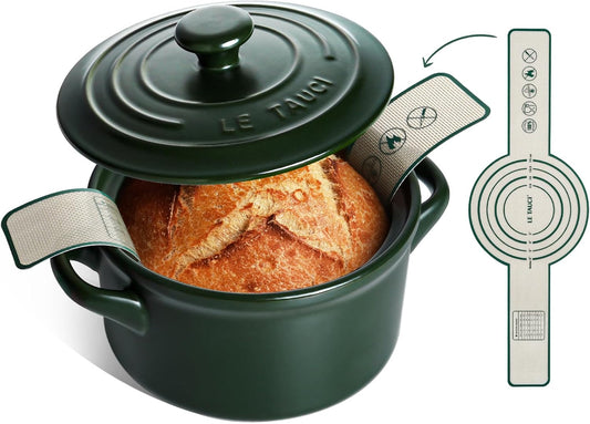 LE TAUCI 3 qt Ceramic Dutch Oven for Bread Baking with Silicone Sling- Lightweight, Non-Toxic, No Seasoning Needed- Oven, Microwave & Dishwasher Safe, Ideal for Home Bakers & Beginners, Forest Green
