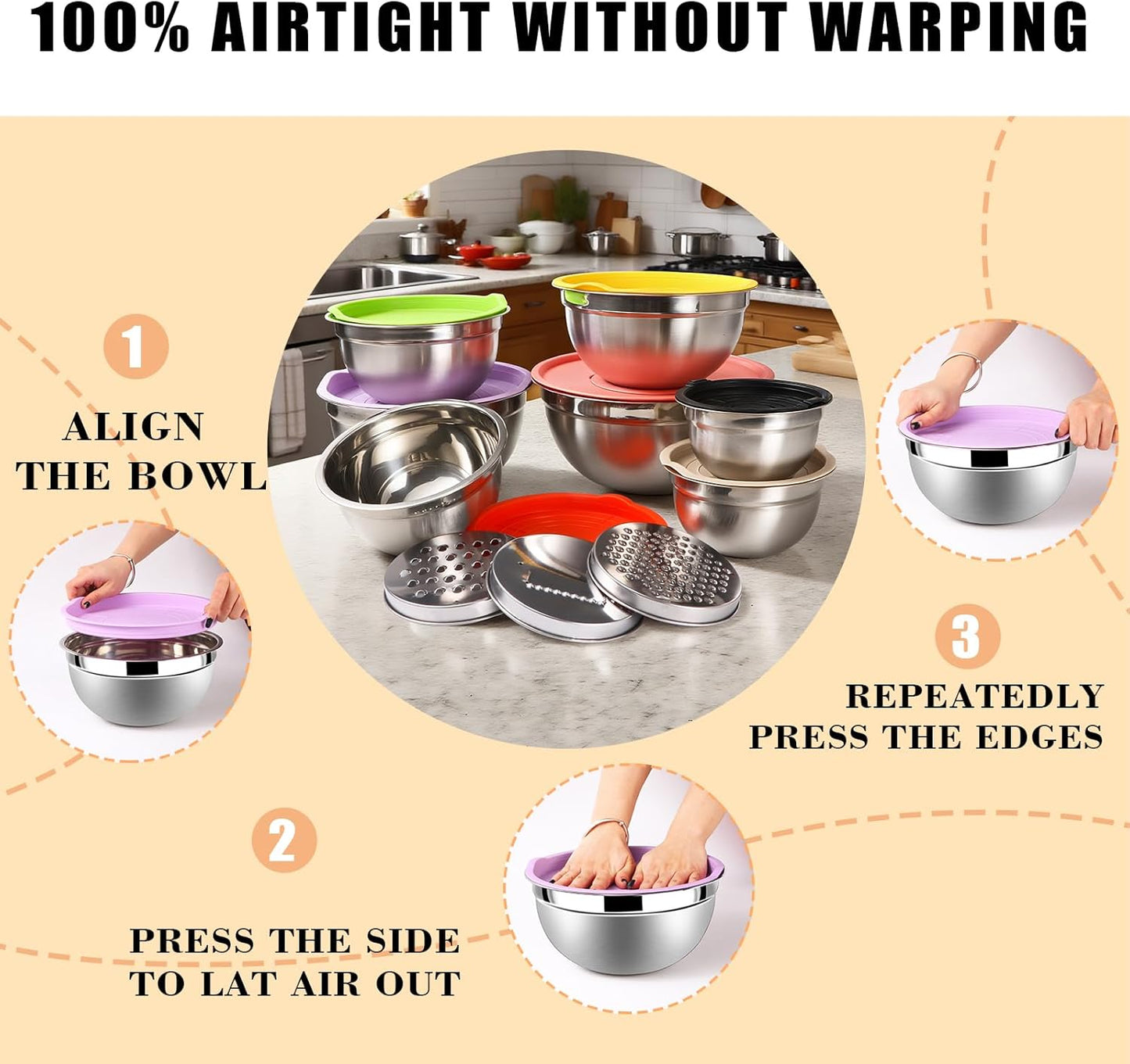 Lazycorner Stainless Steel Mixing Bowls with Airtight Lids Set of 7 Stainless Steel Bowls Set with 3 Grater Attachments Great for Serving & Baking