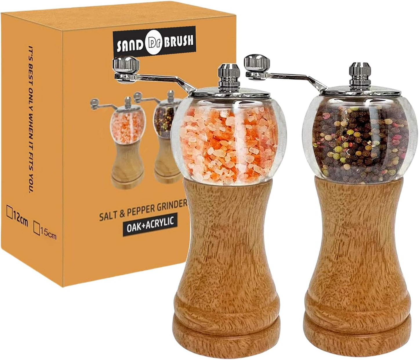 Pepper Mill Manual Pepper Grinder Set, Classical Hand Shake Wooden Pepper Mills Set Salt Mills Ceramic Core Grinding Metal Handle, Enjoy Fresh Ground Pepper Sea Salt Various Spices