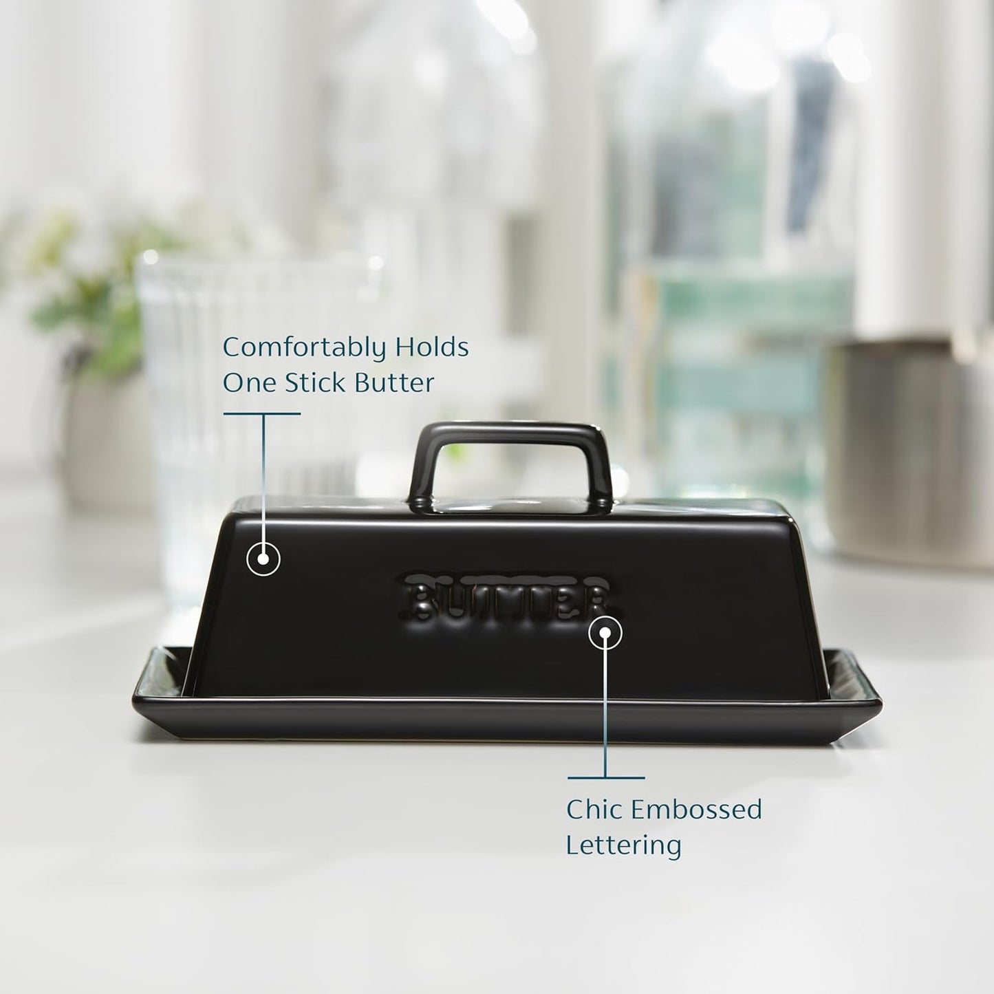 Butter Dish with Lid for Countertop, by Kook, Ceramic Dish Tray with Cover, Kitchen Keeper, Container, Holder, Holds 1 Stick, Microwave and Dishwasher Safe, Black