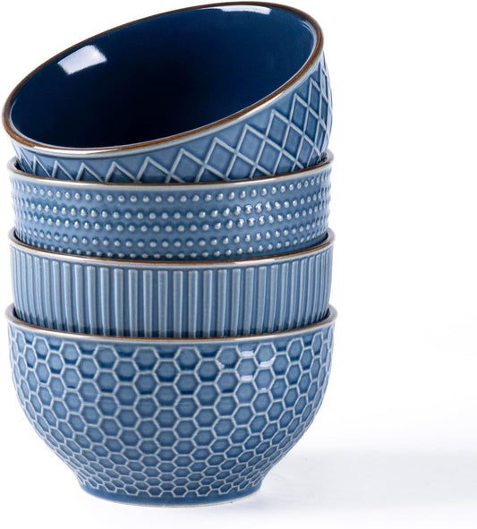 GBHOME Stoneware Cereal Bowls Set of 4, 24 oz Ceramic Soup Bowls with Texture Patterns for Soup,Oatmeal,Snack Perfect for Wedding, House-warming Gift - Moonlight Blue