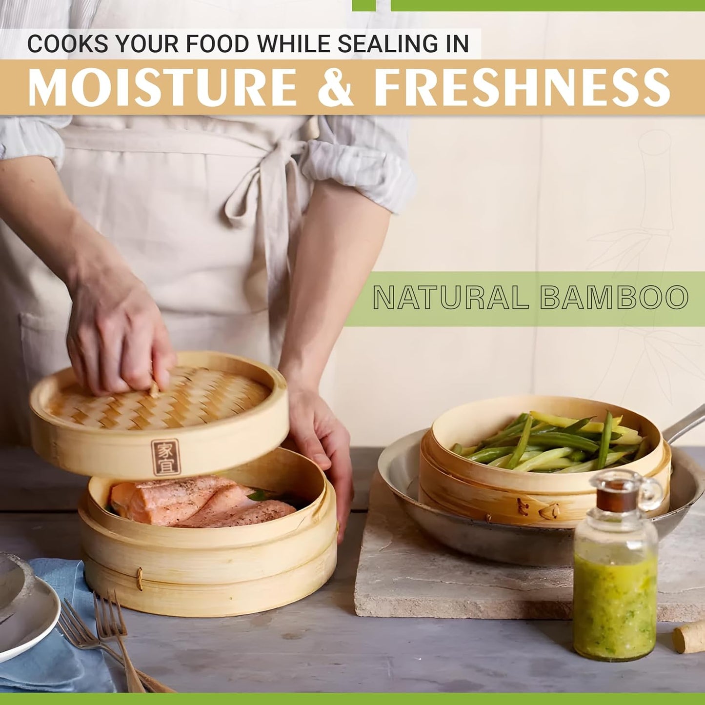 Zoie + Chloe Bamboo Steamer Basket - 2-Tier Dumpling Steamer for Cooking with 2 Reusable Cotton Liners for Bao, Dim Sum, Veggies, Asian Steamed Buns -Stackable, Space-Efficient - 8-Inch Steam Basket