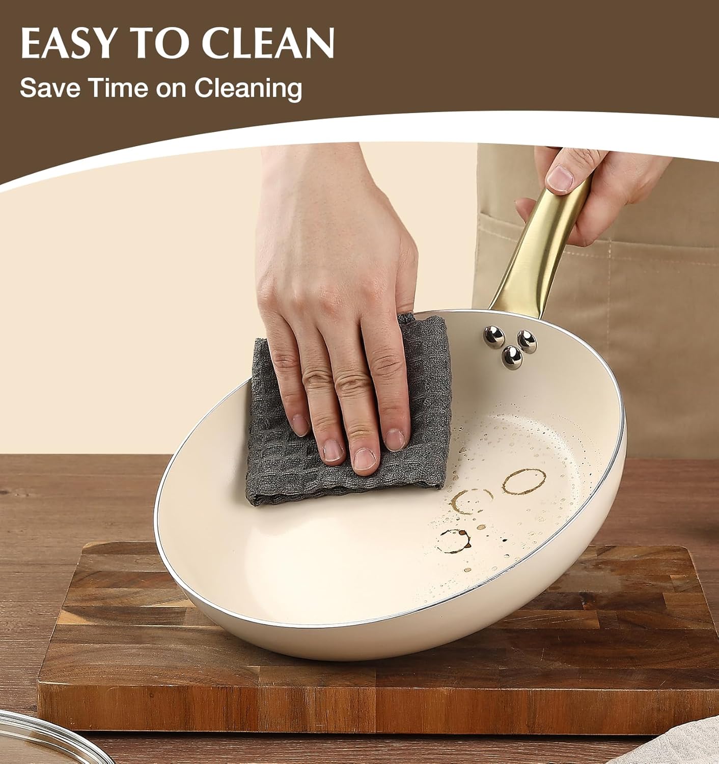 KOCH SYSTEME CS Nonstick Frying Pan with Lid, 10 Inch Non-Stick Skillet with Gold Stainless Steel Handle, Omelet Pan with Nonstick Ceramic Coating, PFOA Free, Induction & Oven Safe, Cream White