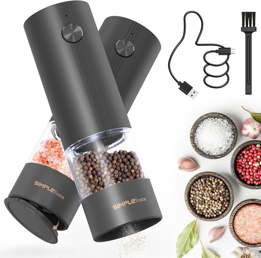 SIMPLETASTE Electric Salt and Pepper Grinder Set Rechargeable with LED Light and Dust Cover, Automatic Pepper Mill Shakers with Adjustable Coarseness, One Hand Operation for Kitchen, Dining, Gifting