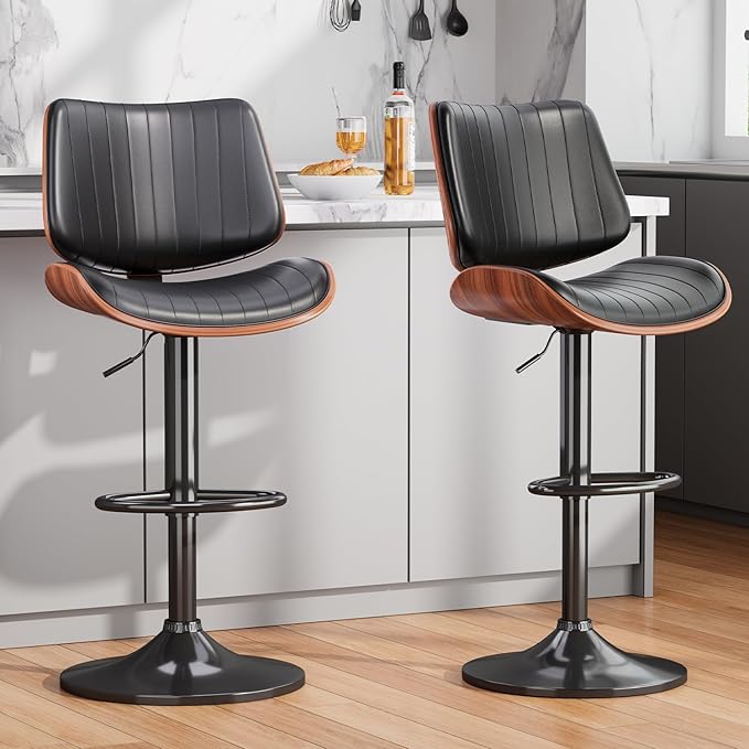 Swivel Bar Stools Set of 1, Adjustable Bentwood Barstools for Kitchen Counter, Modern PU Leather Upholstered Bar Chair with Back and Footrest, for Kitchen Island, Bar, Dining Room, Black