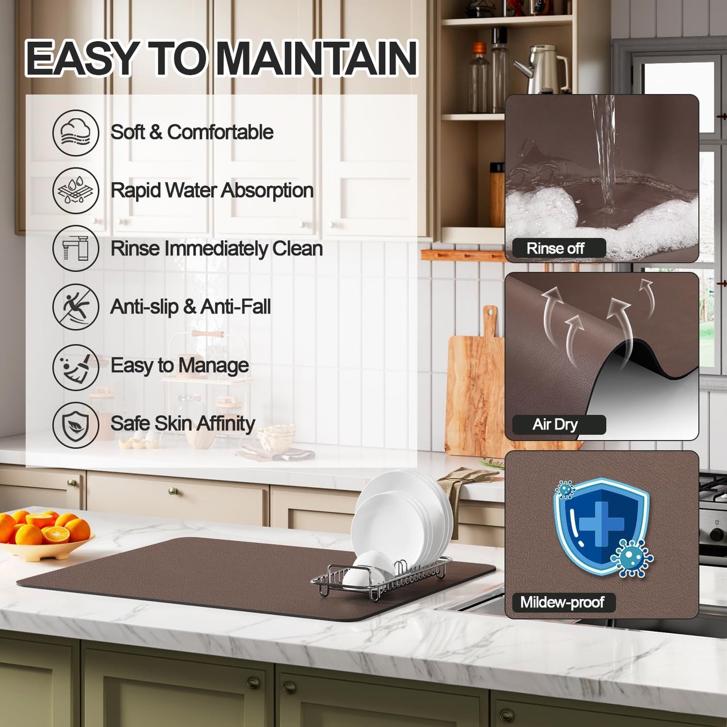 Dish Drying Mat for Kitchen Counter | Coffee Bar Mat for Countertops | Heat Resistant Drainer Mat with Non-slip Rubber Backed | Hide Stain Kitchen Absorbent Draining Mat | Brown 16"x20"