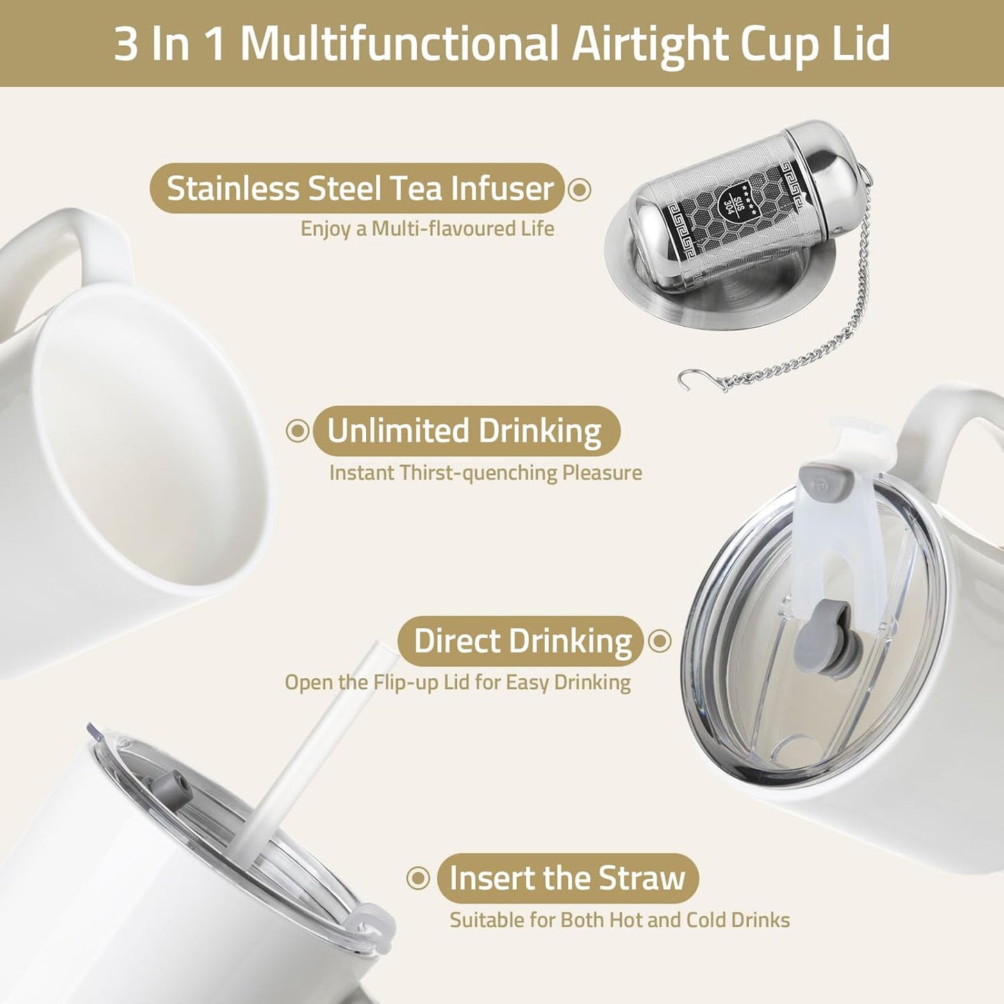 Sweejar Ceramic Travel Mug with Lid, 16 oz Portable Coffee Mug, Dishwasher Safe Tea Cup with Infuser, Reusable Teacup for Car Cup Holder, Tea Lovers(Jade)