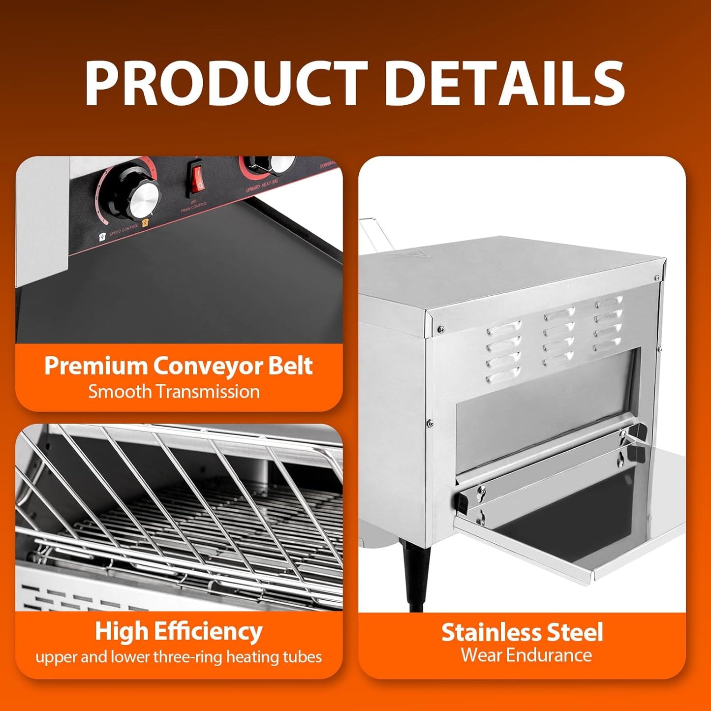 Commercial Toaster Conveyor 450 Slices/Hour, 2600W Stainless Steel Heavy Duty Commercial Toaster Conveyor for Restaurant with Three-ring Heating Tubes for Bun Bagel Bread Baked