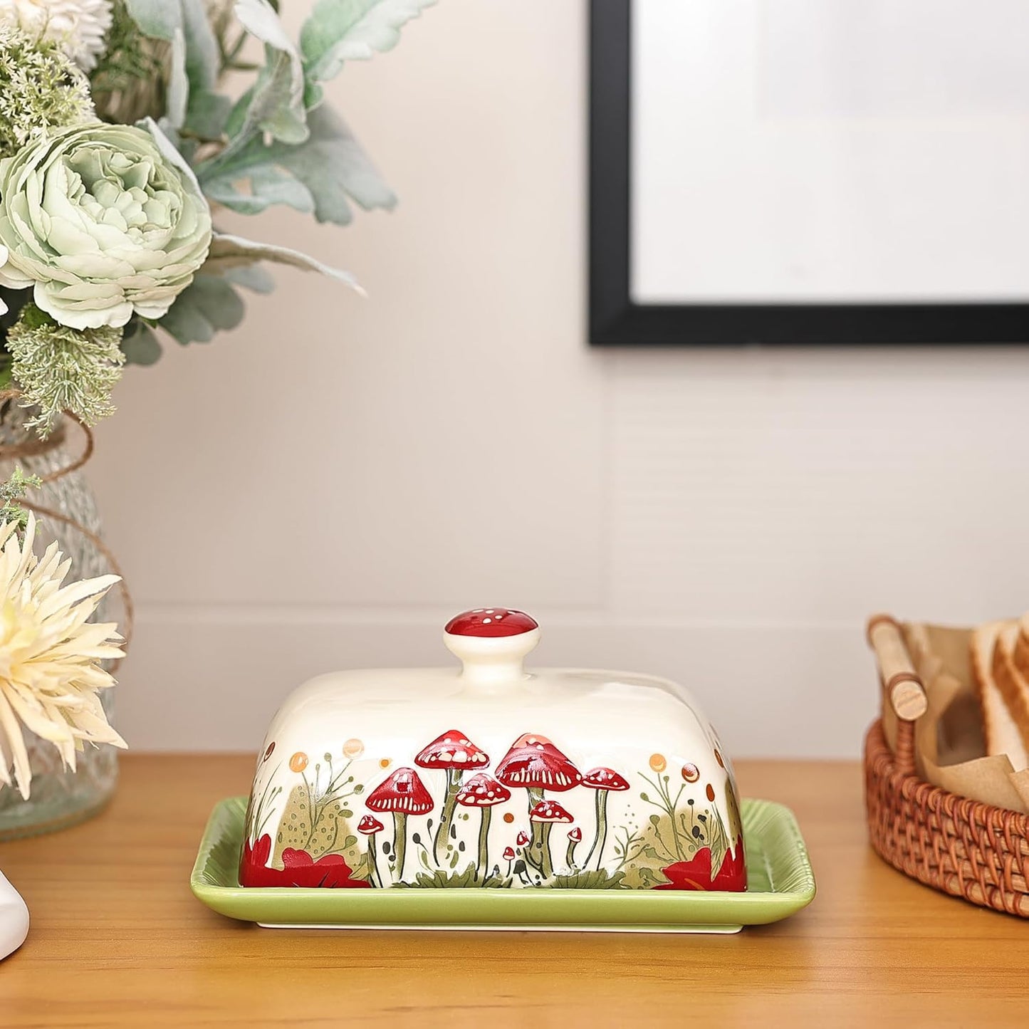 Fungi Fun Mushroom Butter Dish With Lid For Countertop Ceramic Butterdish, Red Mushroom Butter Container, Butter Tray Large Butter Dish Covered (White, Standard)