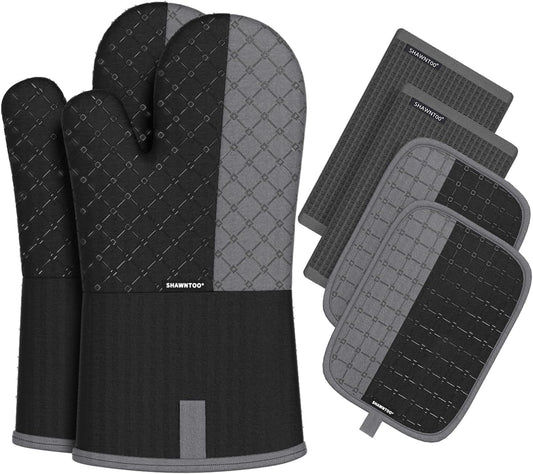 Oven Mitts and Pot Holders Sets 6pcs, Kitchen Oven Glove,High Heat Resistant 550 Degree Extra Long Oven Mitts and Potholders with Non-Slip Silicone Surface for Home Essentials (Grey) (Matte Black)