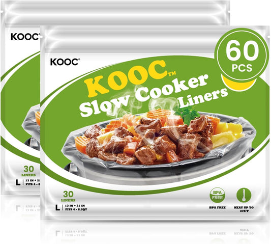 KOOC Slow Cooker Liners 13x21 inch 60 Count Large Size Disposable Plastic Bags Pot Liners Cooking Bags Fit 3QT to 8.5QT Pot BPA Free