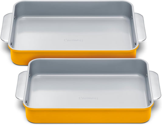 Caraway Non-Stick Ceramic 9”x13” Rectangle Pan Duo - Naturally Slick Ceramic Coating - Non-Toxic, PTFE & PFOA Free - Perfect for Brownies, Lasagnas, and More - Marigold