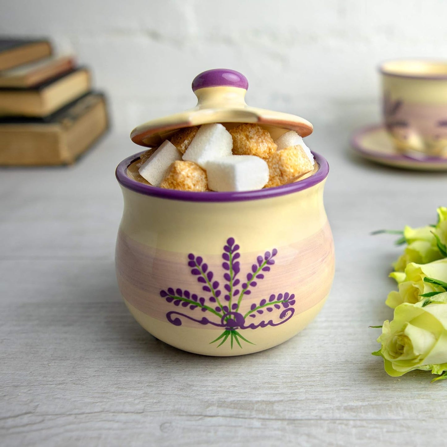 City to Cottage Ceramic Sugar Bowl with Lid, 10oz Sugar Contanier for Coffee Bar, Sugar Dispenser Bowl, Salt - Condiment Pot for Kitchen Counter, Handcrafted Cream Lavender Floral Sugar Jar