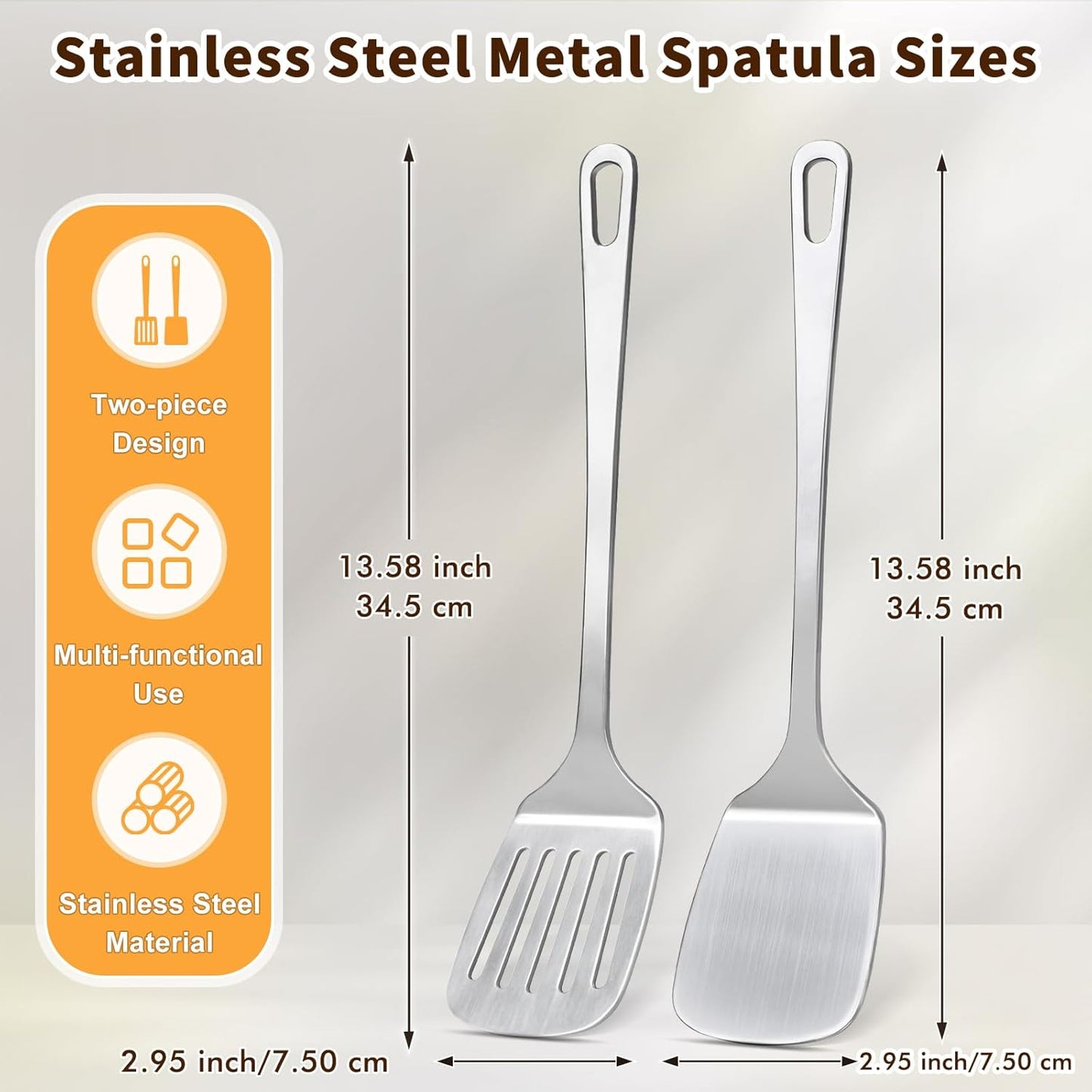 2 Pcs Stainless Steel Spatulas Set, Metal Spatula Solid & Slotted Turner, Heavy Duty Sturdy Spatula for Kitchen Use, High Heat Resistant Cooking Utensils for Fish Eggs Pancakes, Easy to Clean, Silver