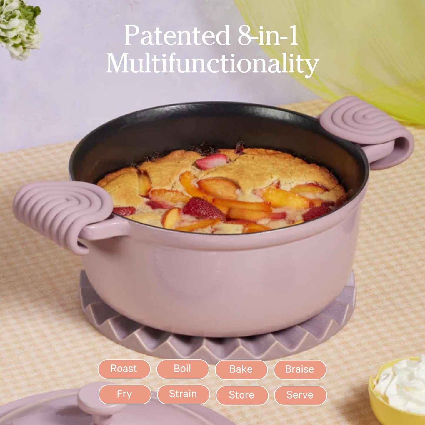 Our Place Cast Iron Perfect Pot | 6-in-1 Multifunctional 5.5 Qt. Toxin-Free Enameled Dutch Oven with Self-Basting Lid | Hot Grips & Beechwood Scraper | Induction Cooktop and Oven Safe | Lavender