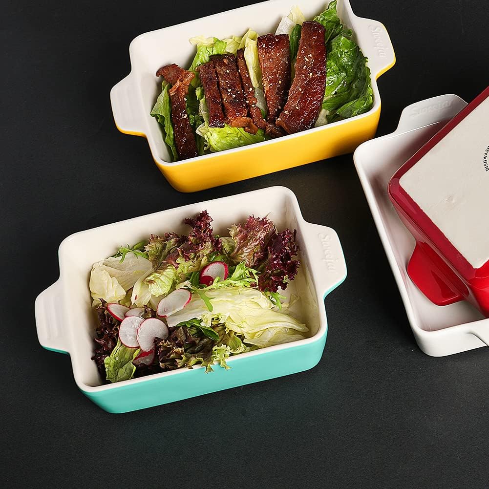 Sweejar Ceramic Baking Dish, Rectangular Small Baking Pan with Double Handles, 20 Oz for Cooking, Brownie, Kitchen, 6.5 x 4.9 x 1.8 Inches(White)