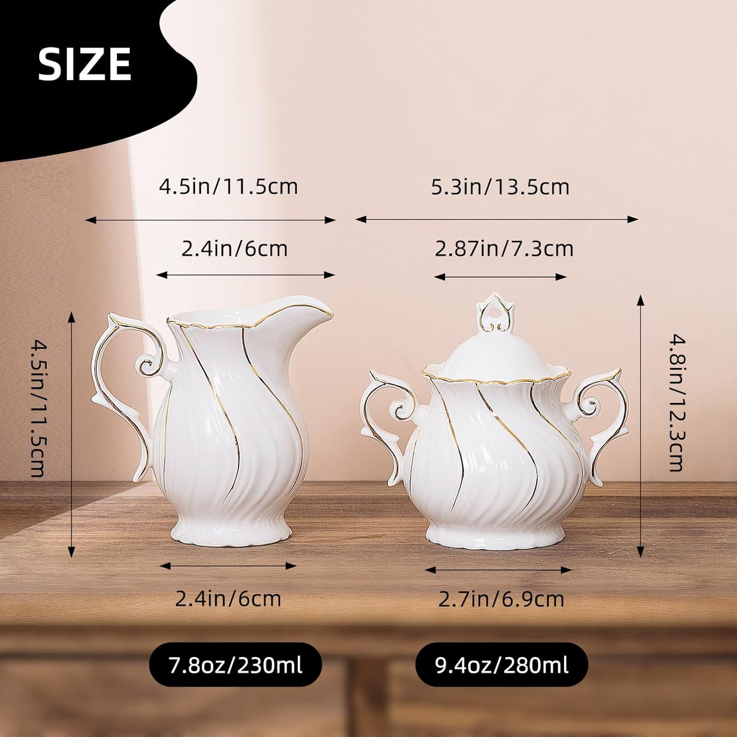 Sugar and Creamer Set Ceramic, Creamer Pitcher and Sugar Bowl with Lid, Creamer Pitcher with Handle,Sugar Cube Dish Coffee or Tea, White with gold thread