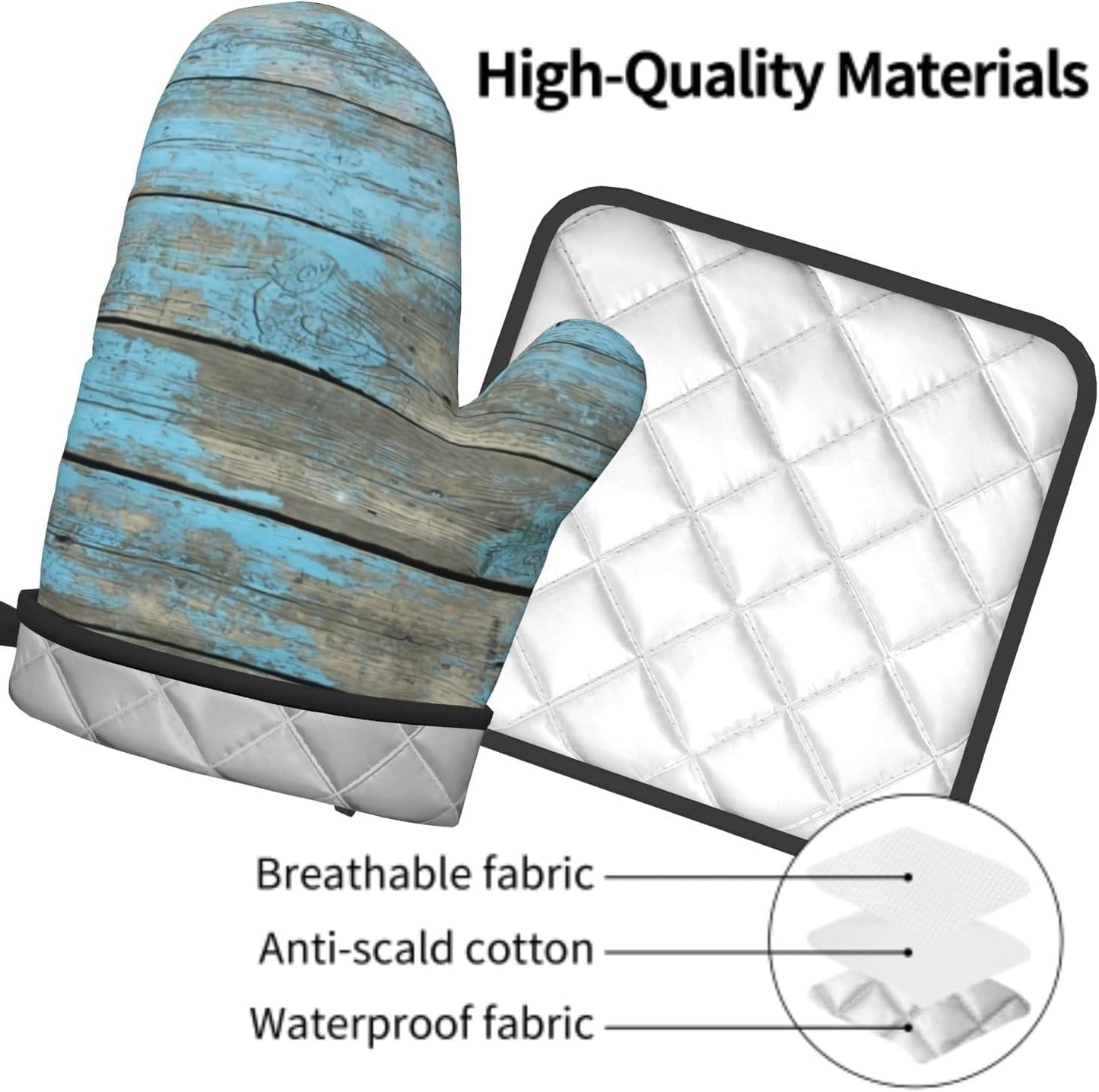 Blue Wood Oven Mitts and Pot Holder Set of 2 Rustic Board Heat Resistant Gloves Hot Potholders Kitchen Decor for Cooking Grilling Baking