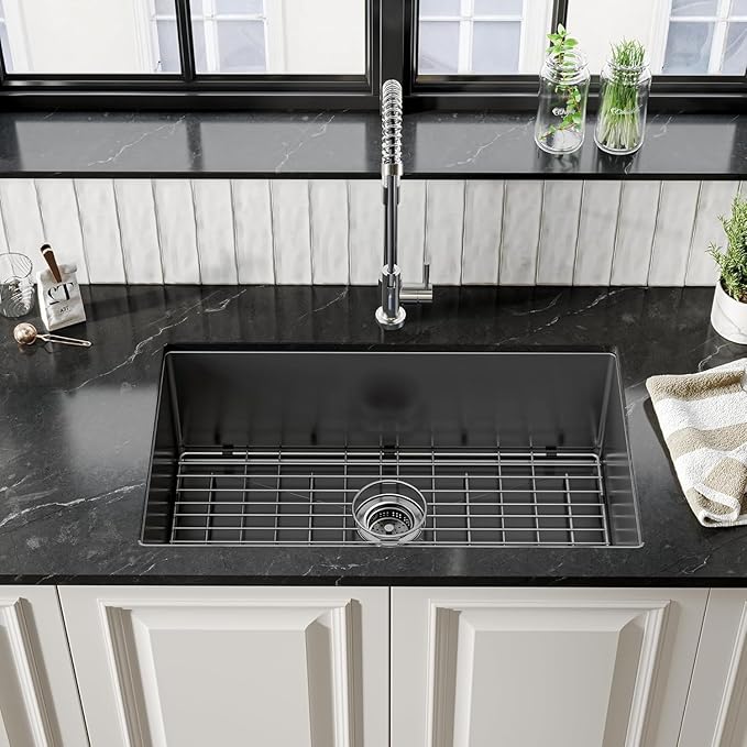 TORVA 32 x 19 Inch Gloss Black Ceramic Coating with NanoTek Undermount Kitchen Sink,PVD Coated Gunmetal Sink, 16 Gauge Stainless Steel Wet Bar or Prep Sinks Single Bowl, Dark Gray