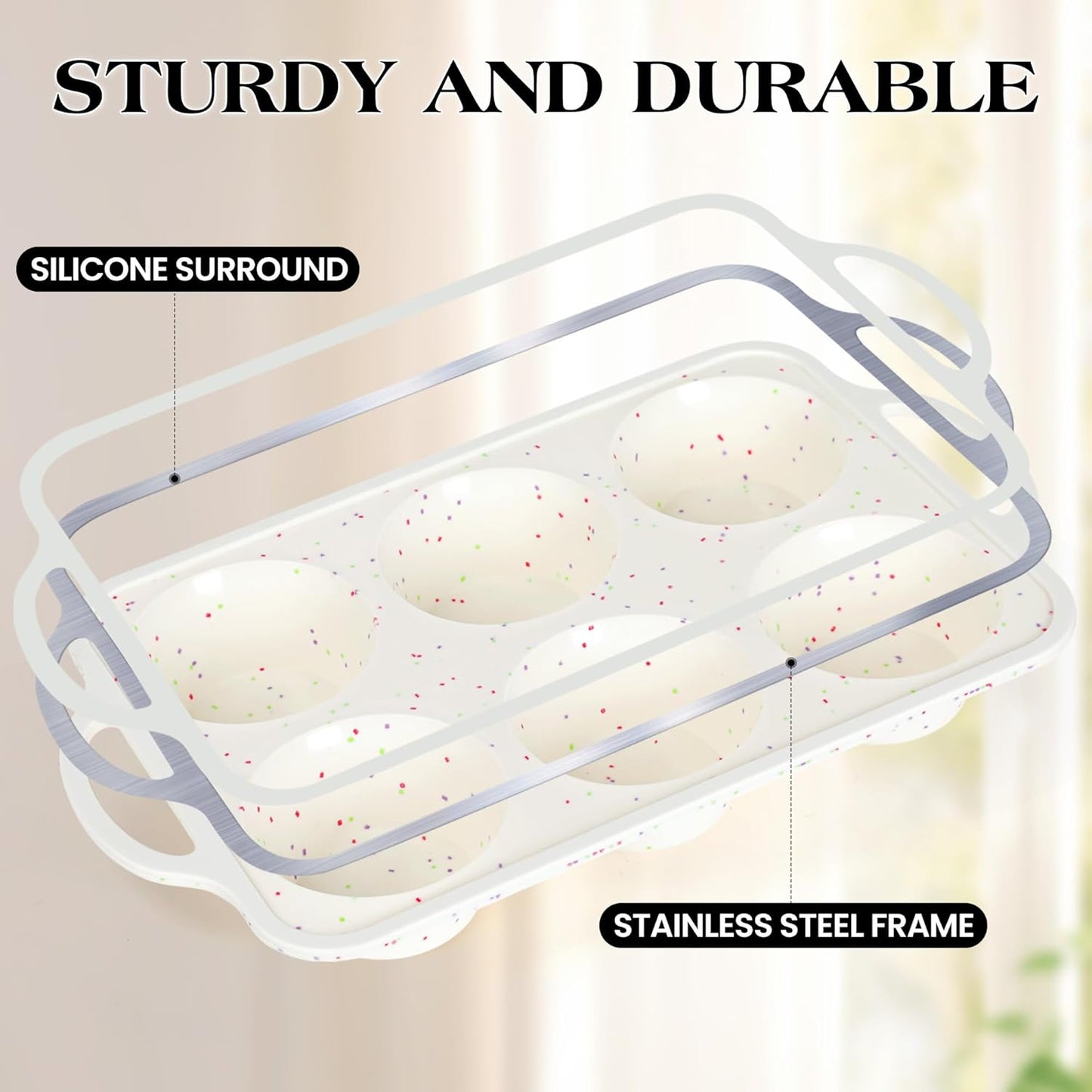 2 Pcs Jumbo Muffin Pan with Metal Frame, Nonstick 6 Cup Extra Large Cupcake Pan for Baking, Silicone Deep Muffin Tray for Egg Bites (Cream)