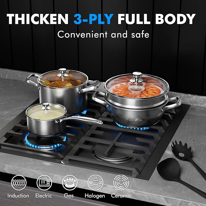 Pots and Pans Set,12-Piece Stainless Steel Cookware Set, Induction Ready Kitchen Cooking Set, Includes Saucepans, Stockpot, Steamer & Strainer Basket, Glass Lids, Dishwasher & Oven Safe